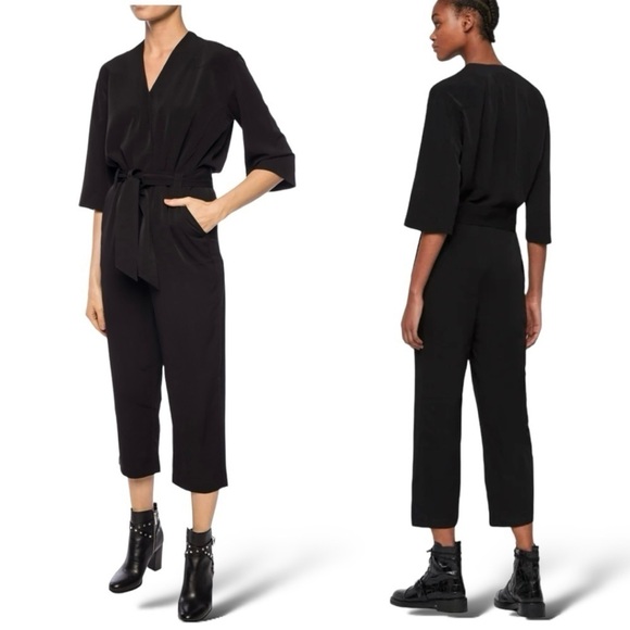 ALL SAINTS HAYLEY CROPPED BUTTON DOWN 3/4” SHORT SLEEVE JUMPSUIT BLACK Size 4 - Picture 3 of 8